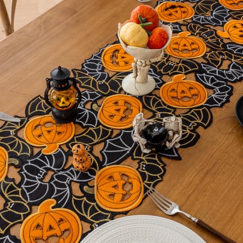 Halloween Table Runner 14x59 Inch Bats & Pumpkins Cutwork Embroidered Gothic Black Decor - Variation of THIS listing