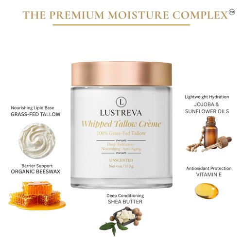 Lustreva Premium Whipped Beef Tallow for Skin Care – 100% Grass Fed Tallow Balm Moisturizer for Face & Body – Deeply Nourishing, Unscented Cream for Dry, Sensitive Skin (4 oz)