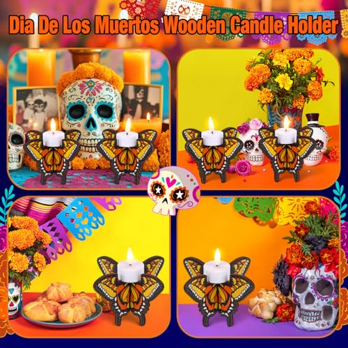 12 Pcs Day of the Dead Wooden Butterfly Candleholders - Festive Tabletop Decor