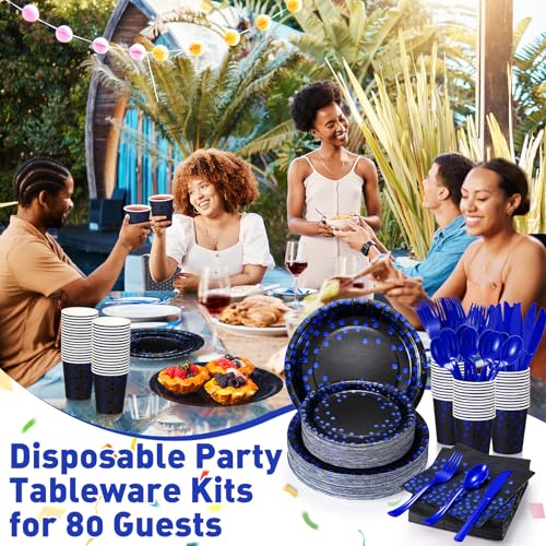 Black and Blue Disposable Party Tableware Set for 80 Guests