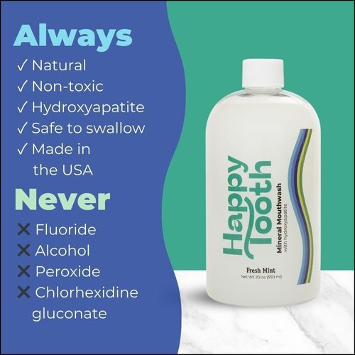 Happy Tooth Hydroxyapatite Mouthwash - Fluoride Free Teeth Whitening & Enamel Remineralization | Fresh Mint, 20 Fl Oz