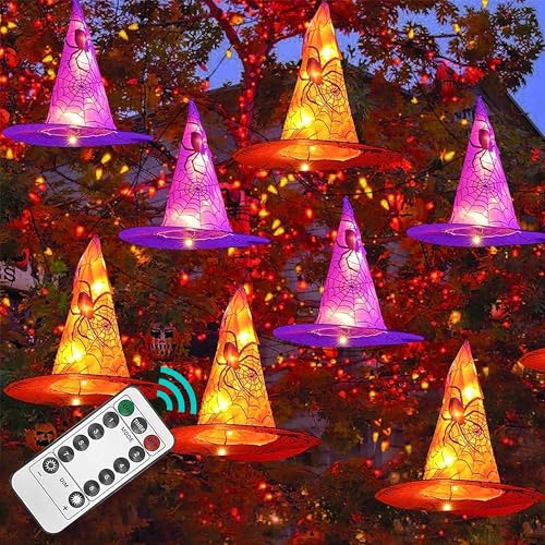 FUNPENY Halloween Hanging Witch Hat String Lights - Purple & Orange 2 Pack Waterproof Indoor Outdoor Decorations