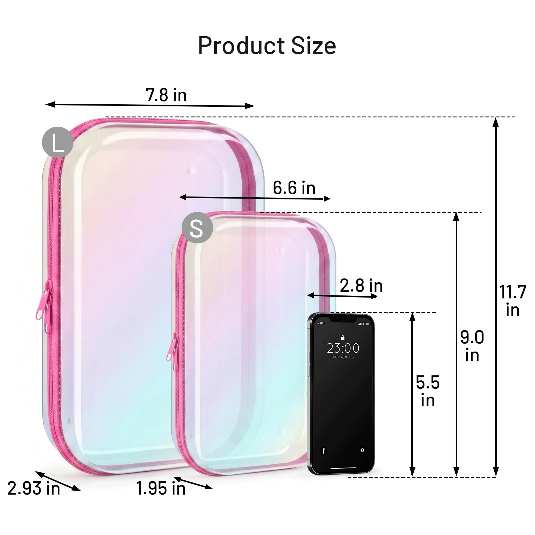 YSHXNX Clear Hard Shell Zipper Case,Makeup Bag,Iridescent Toiletry Bag,2pcs Large Capacity Water-resistant Toiletries Bag,Portable Travel Organizer and Storage,Bathroom Clear Cosmetic Case for Women