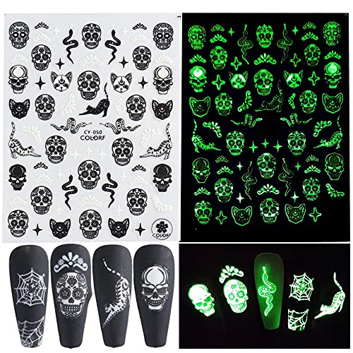 Luminous Halloween Nail Stickers Set - 3D Skull, Ghost, Pumpkin Decals - Self-Adhesive, 6 Sheets