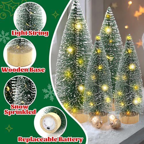 Mini Christmas Tree with Lights Set of 4 - Bottle Brush Trees with Wooden Base