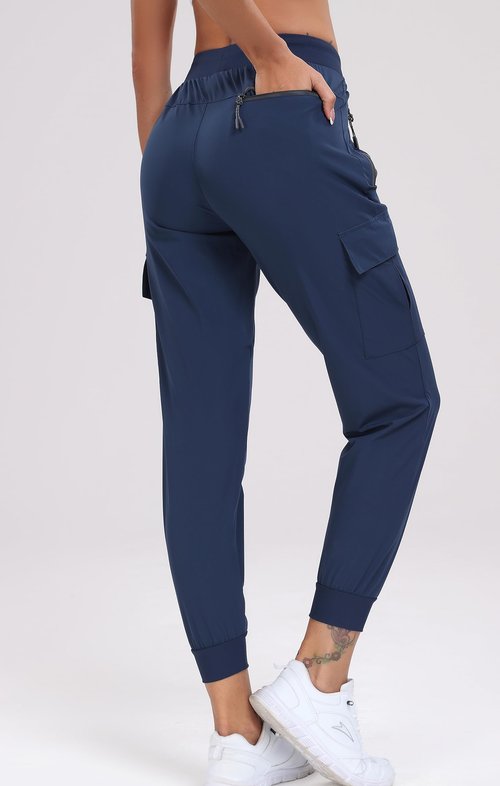 Oalka Women's Cargo Hiking Pants Lightweight Travel Pockets Joggers Quick Dry Navy Blue 2XL