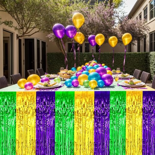 29.5x72 Inch Mardi Gras Metallic Foil Fringe Table Skirts - Green, Gold, Purple, 2 Pack