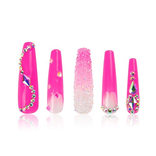 LOVFUL Press on Nails Pink Typhoon Square | Handmade with Full Covered Crystals | Reusable Full Cover Nails | Coffin Mid length 1.7 in | H38-M