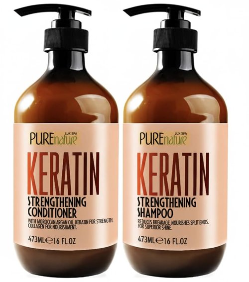 **Keratin Shampoo and Conditioner Set - Sulfate & Paraben Free Treatment for Dry, Curly Hair - Anti-Frizz, Collagen-Enriched Formula**