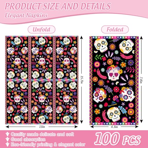 Halloween Floral Skull Guest Napkins - Mexican Design Party Tableware 100 Pack