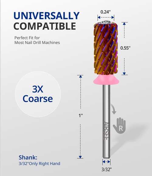 AIRSEE Tungsten Carbide Acrylic Nail Drill Bit Super Cut Bit Efile Electric File Machine Head Tip for Manicure Polishing Art Remove Gel Professional 3/32" Beginner Safety Crystal Top Barrel 3X Coarse