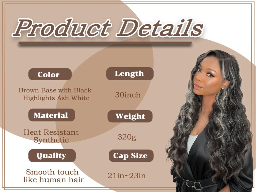 ZadaBelly Highlight 30 inch Body Wave 13x4 Lace Front Wig Brown Base with Black Wavy Hair Pre Plucked Hairline with Baby Hair, Transparent glueless Lace Synthetic Wig for Women Heat Resistant
