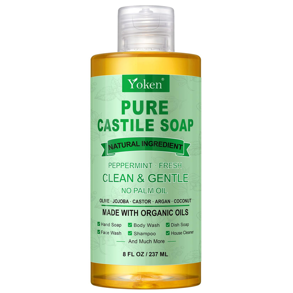 Yoken Peppermint Castile Soap Liquid 8 OZ, Made with Certified Organic Oils, Gentle Peppermint Soap for Body Wash, Face, Hands, Dishes, Laundry & More - Vegan & Natural Ingredients Versatile Cleanser