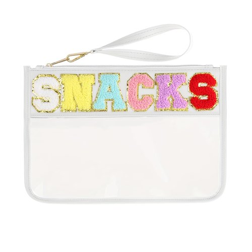 HIGH FIT Snack Bags Pouch Travel Makeup Bag Chenille Letter Patch - Waterproof Nylon Clear Cosmetic Bag/Tote Bag/Makeup Travel Bag/for Women Girls (Snack-White)