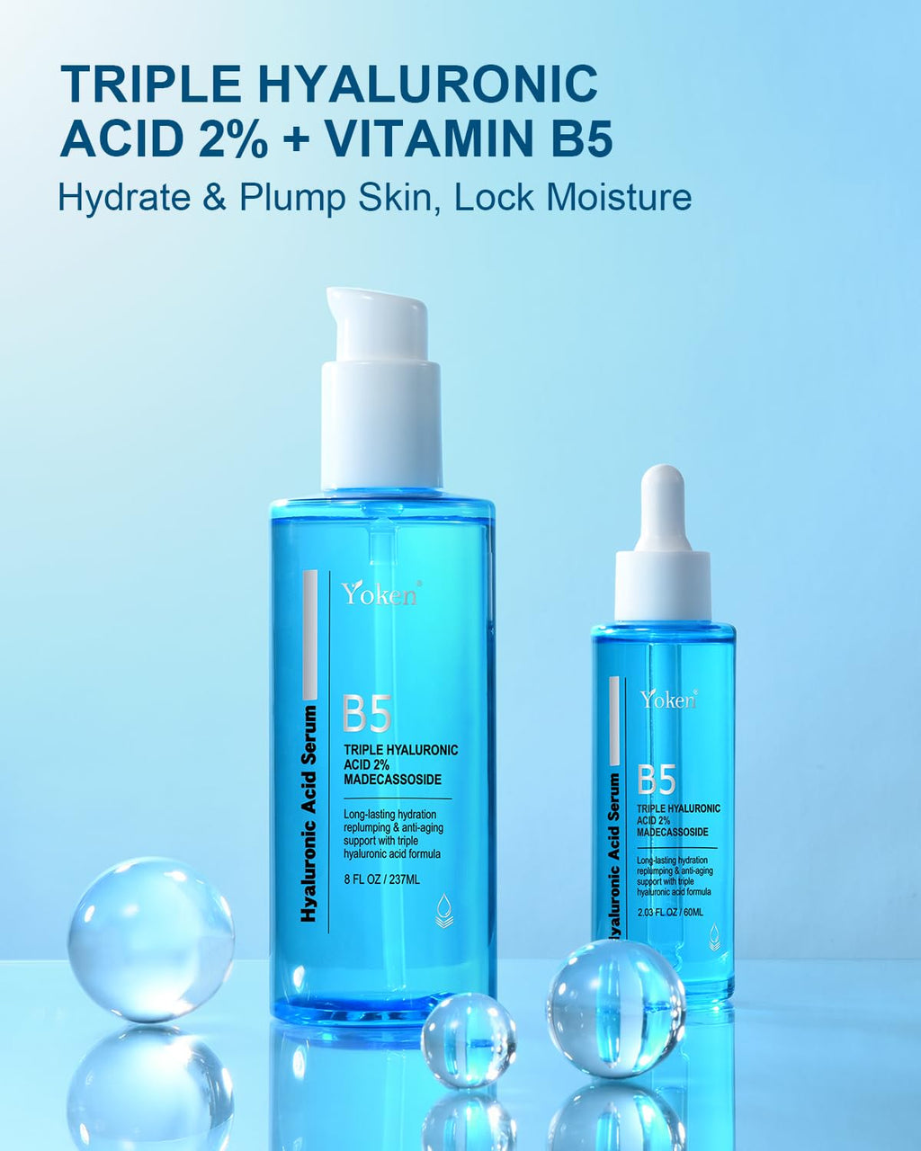 Yoken Hyaluronic Acid Serum - EWG Verified Hydrating Facial Serum with Vitamin B5 | 8 + 2 fl oz