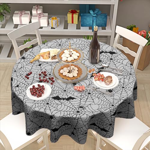 Halloween Bat Tablecloth 60 Inch Round Spider Web Design Washable & Stain-Resistant