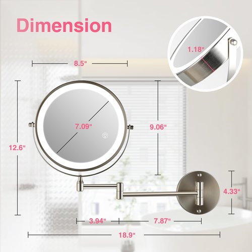 GREENFROM 8.5 Inch Magnifying Mirror with Lights, Wall Mounted Makeup Mirror, Dual-Sided 1X/20X, Bright LED Lighting, Space-Saving Design for Bathroom & Vanity, Brushed Nickel