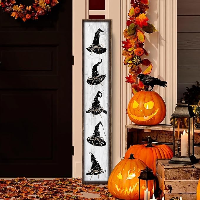 Halloween Welcome Sign for Front Door Standing - Witch Hat Wooden Porch Decor - Black & White