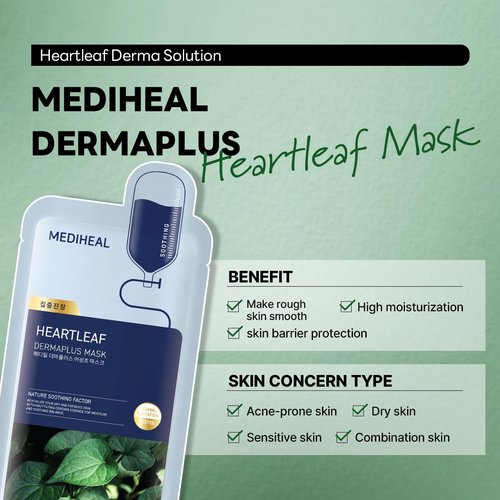 Mediheal Dermaplus Heartleaf Mask - Daily Vegan Sheet Mask for Soothing Skin | 10 Count with Panthenol & Hyaluron