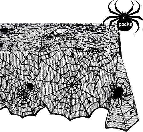 Halloween Lace Tablecloth Set - Black Spiderweb 72 x 54 Inches, 4 Pieces