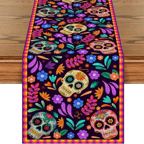 Mexican Sugar Skull Dia De Los Muertos Table Runner 13x72 Inch - Day of The Dead Decor