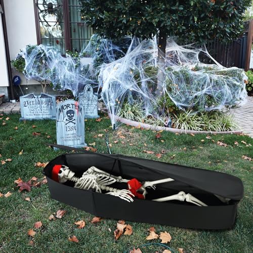 Halloween Coffin with Skeleton Set - Black, Lifelike & Collapsible