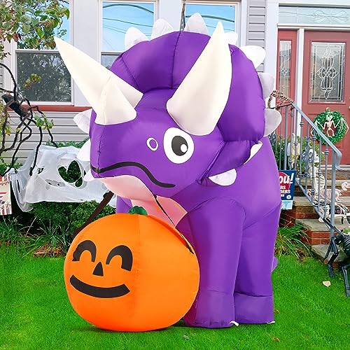 Halloween Dinosaur Inflatable with Pumpkin & LED Lights, 5 ft Outdoor Yard Decoration