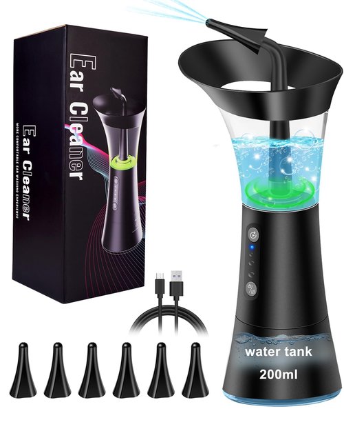 Upgraded Electric Ear Cleaner - Ear Irrigation Flushing System with 4 Pressure Mode, Temp Sensor, 16PSI, IPX7, 6 Replacement Nozzle, One-Hand Control Ear Cleaning Tool with Wastewater Separation