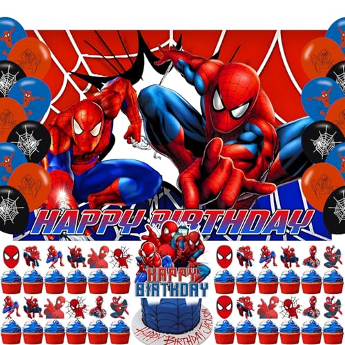 Spider Web Birthday Decorations Set with Balloons & Toppers for Kids Party