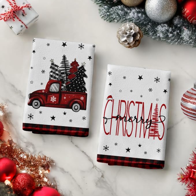 Christmas Hand Towel Set of 2 - Red Truck & Tree Design, 18x26 Inch Holiday Decor