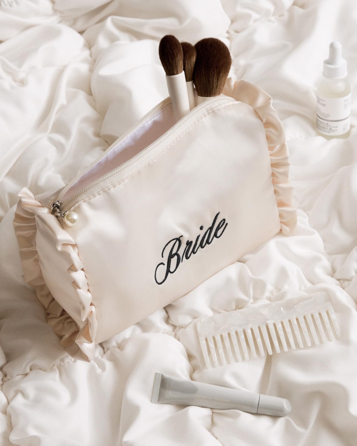 xo, Fetti Satin Bride Cosmetic Bag | Bachelorette Party Decorations, Bride To Be Purse, Bridal Shower Accessory, GRWM Makeup Bag
