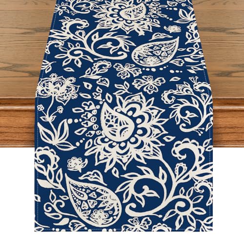 Blue Floral Paisley Table Runner - 13 x 90 Inch Spring Kitchen Decor