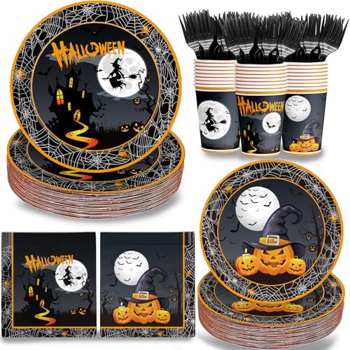 120-Piece Halloween Disposable Party Plates Napkins Cups Cutlery Set for Spooky Celebrations