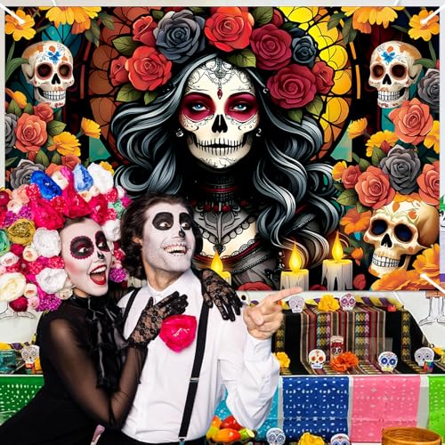 Day of the Dead Banner Decorations Sugar Skull Marigolds Mexican Altars - 71x43 Inch