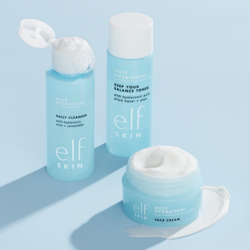 e.l.f. Skin Holy Hydration! The Essentials Mini Kit, Cleanser, Toner & Moisturizer for Hydrated & Balanced Skin, TSA-Friendly Sizes