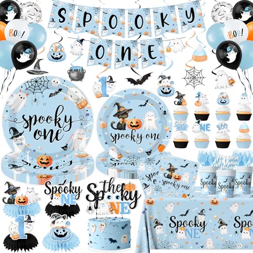 Halloween First Birthday Party Decorations Boy Blue Spooky Theme Set - Serves 24