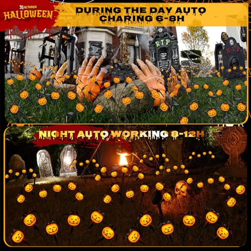 2 Pack Solar Halloween Pumpkin Lights with Spiders & Bats, Swaying Firefly Decor