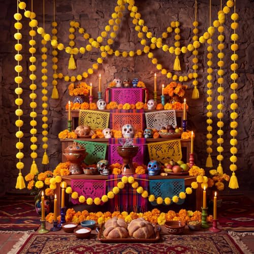 Yellow Pom Pom Garland 5 ft Diwali Party Decoration - 10 Pcs