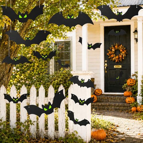 Halloween Bat Decorations Set with Glowing Eyes - 18 Pcs, Indoor Outdoor