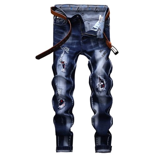 N//C Jeans Men Ripped Denim Pants Straight Slim Fit Regular Distressed Comfort Flex (Blue, W34 X L32)