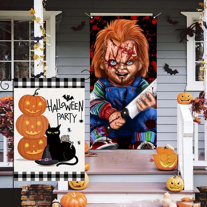 Horror Door Cover Banner Halloween Party Decorations 3x5.9Ft Large Photo Backdrop