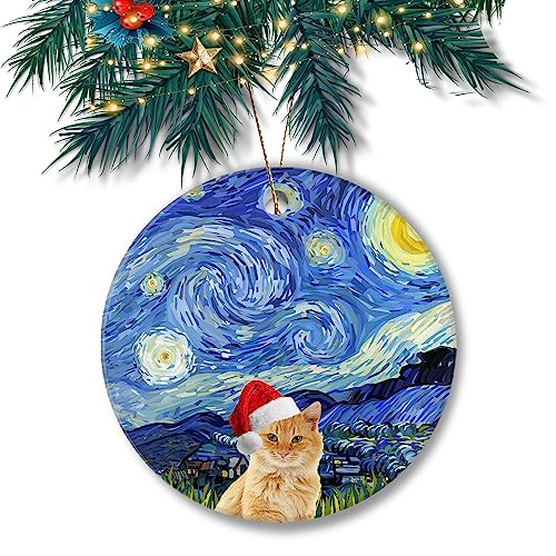 Christmas Ornament 2024 - Orange Cat in Hat with Blue Starry Background, 3 Inch Ceramic Keepsake
