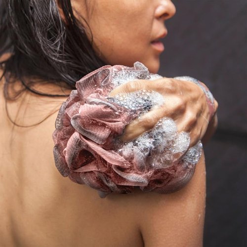 Toem® Loofah Back Scrubber for Shower | Bamboo Charcoal Fiber Infused | Loufas for Men & Women | Includes 1 Long Handled Shower Sponge, 1 Bath & Shower Luffa Pouf & 1 Hook to Hang Stuff (Rose Pink)