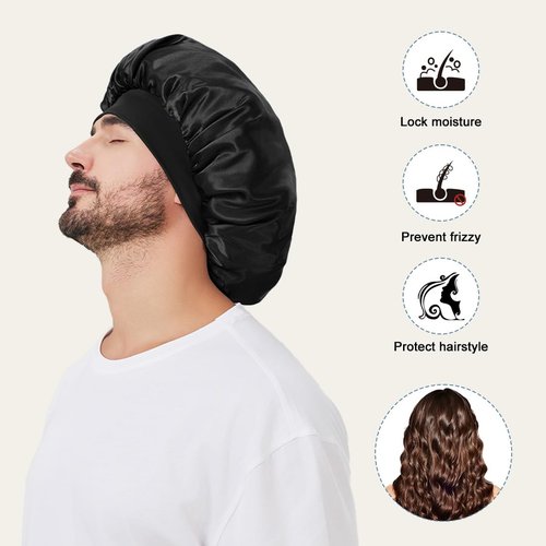 2 PCS Satin Silk Bonnet for Men Women, Hair Bonnet for Sleeping Men with Elastic Band, Large Silk Bonnet for Men Women Curly Hair Braids (Black+Blue)
