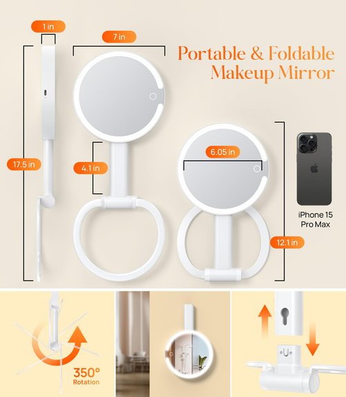 Gospire Magnifying Travel Makeup Mirror with Light 10X 1X Magnifition 2-Sided Lighted Vanity Mirror Rechargeable 3 in 1 Hand Held Desk Hanging, 3 Color Dimmable Lights, White