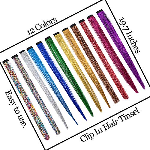 Colorful Hair Tinsel Clip-In Extensions - 12 Shiny Colors, 19.7 Inch Fairy Hair - Variations Included