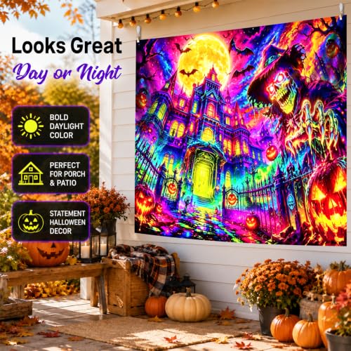 Halloween Skeleton Manor Blacklight Tapestry - 90x70 Inches Glow-in-The-Dark Wall Hanging
