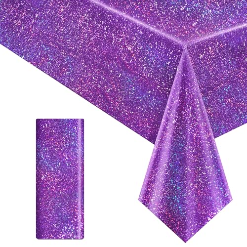 Purple Holographic Tablecloth 40x108 Inch - Shimmering Disposable Plastic Cover for Parties