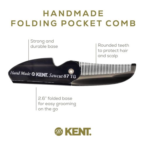 Kent 87T Black Graphite Handmade Folding Pocket Comb for Men, Fine Tooth Hair Comb Straightener for Everyday Grooming Styling Hair, Beard or Mustache, Saw Cut Hand Polished, Made in England (3 Pack)