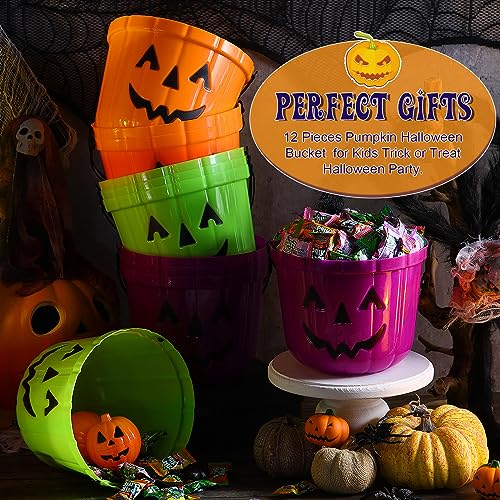 Halloween Pumpkin Candy Buckets Set - 12 Colorful Plastic Pails for Trick or Treat